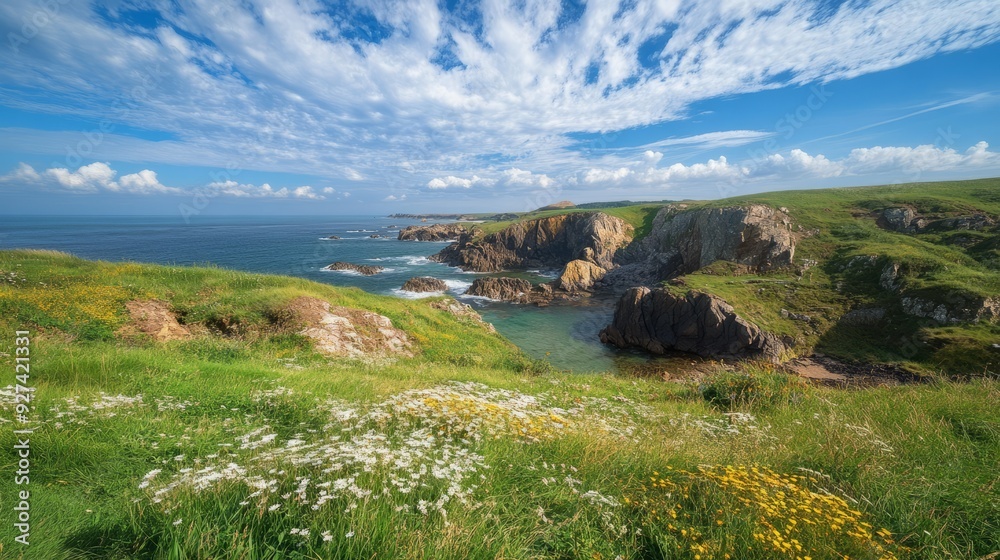 Poster A picturesque view of a rugged coastline with cliffs, lush green meadows, and a sparkling ocean in the distance.