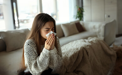 Blowing nose in living room