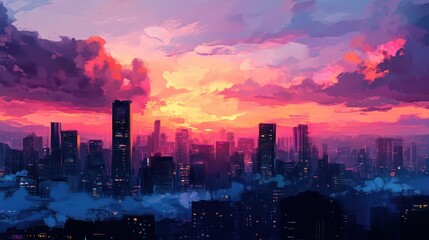 Fototapeta premium Cityscape with Vivid Pink and Yellow Sunset Sky