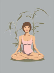 Beautiful Asian Young woman sitting in padmasana around bamboos. Korean yoga girl. Yoga flat vector illustration with nature. Concept for yoga center, yoga poster, yoga flyers, yoga stuff