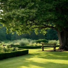 Fototapeta premium A serene, well-maintained lawn with neatly trimmed hedges, colorful flower beds, and a rustic wooden bench in the shade of a large, mature tree, all bathed in soft morning light