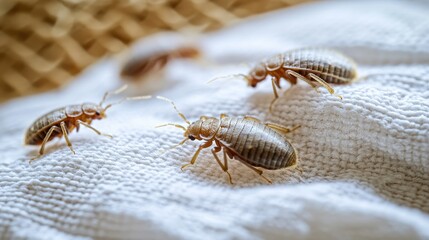 Detailed view of bed bugs on a white sheet, emphasizing the need for pest control, with the insects clearly defined on the fabric
