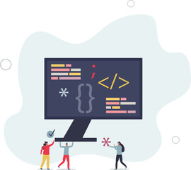 Coding for kids and writing script in digital language. Code learning for website project development .flat design with people.