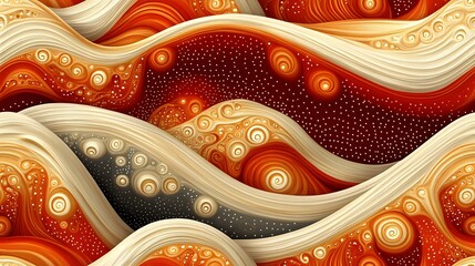 A colorful abstract painting of a wave with a lot of dots and swirls. The painting has a lot of orange and brown colors, giving it a warm and inviting feel