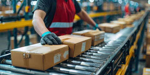 A worker in a warehouse sorting packages on a conveyor belt, representing logistics, distribution, and supply chain management.