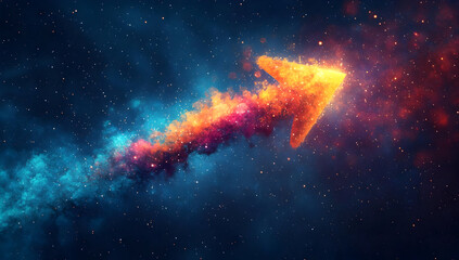 An abstract arrow design in vibrant colors represents direction and movement through a cosmic space theme.