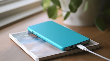 A black cell phone with a red light on the screen. The phone is plugged into a charger