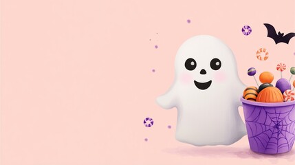 Smiling ghost holding a purple candy bucket in a Halloween illustration.