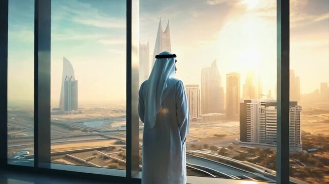 Traditional arabic man watching city skyline from panoramic office, motion video