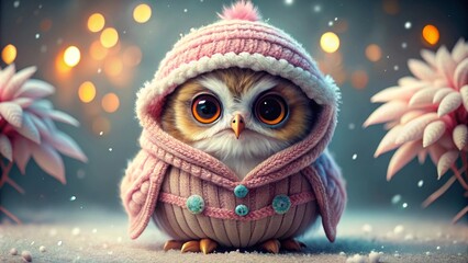 A cute little baby owl in warm winter clothes on winter background