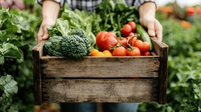 Hands holding a wooden box overflowing with farm-fresh vegetables, highlighting the bounty of a produce delivery service.