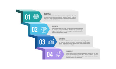 Vertical infographic stair with arrow design template. 4 options for business. Business presentation, Planning, Marketing, and Information. Vector illustration.