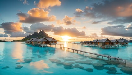 a beautiful tropical island with a sunset and a row of overwater bungalows.