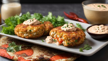 Two crab cakes on a plate 