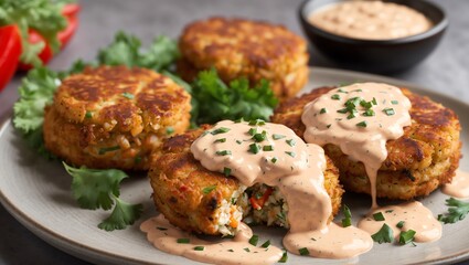 Two crab cakes on a plate 