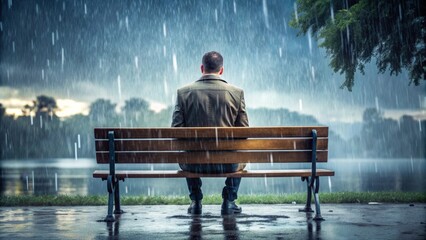 A lonely man sitting on a bench on the rainy day in park