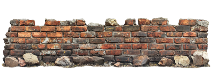 Cracked brick wall with signs of decay and patches of missing plaster, featuring uneven and weathered bricks, isolated on transparent background clipart