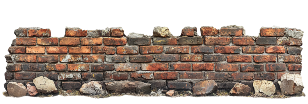 Cracked brick wall with signs of decay and patches of missing plaster, featuring uneven and weathered bricks, isolated on transparent background clipart