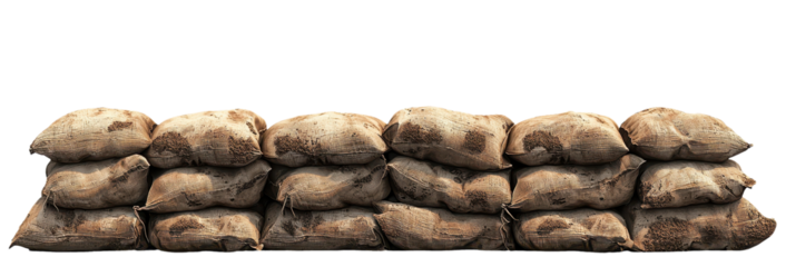 Stacked sandbags with aged weather-beaten fabric displaying signs of wear and dirt isolated on transparent background clipart