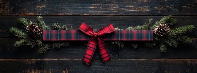 Red Plaid Bow with Pine Sprigs on Black Wooden Background