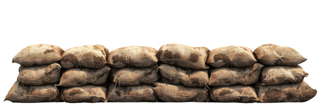 Stacked sandbags with aged weather-beaten fabric displaying signs of wear and dirt isolated on transparent background clipart