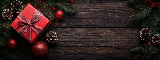 Christmas Gift Box with Pine Branches and Ornaments on Rustic Wood Background  with copy space.