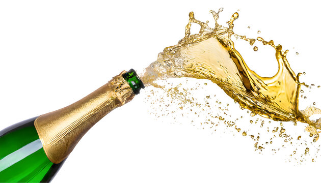 Bottle of champagne popping Splash on a white isolated background. Generative AI.