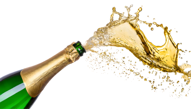 Bottle of champagne popping Splash on a white isolated background. Generative AI.