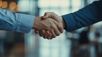 Close-up of a Firm Handshake Between Two Men in a Professional Setting