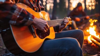 Fototapeta premium Close-up of a Person Playing an Acoustic Guitar by a Campfire