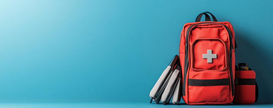 Red emergency first aid kit backpack against a blue background, featuring a cross symbol and other essential survival items.