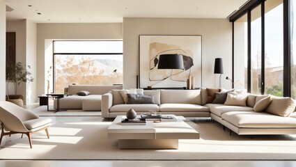 Fototapeta premium a living room with a large beige sectional sofa,