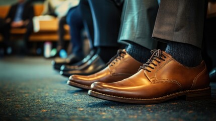 Professional footwear close-up, as candidates wait for a job interview, capturing the tense atmosphere.