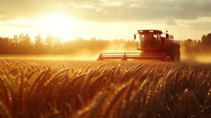 Fototapeta premium In a wheat field, a farmer observes the setting light. Take in the farmer's harvest.