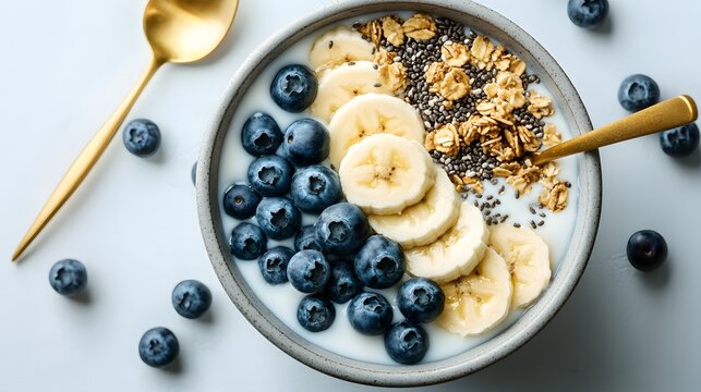 Healthy breakfast bowl on white background, yogurt parfait with fresh blueberries, sliced bananas, granola, and chia seeds, golden spoon, scattered blueberries, light gray ceramic bowl.
