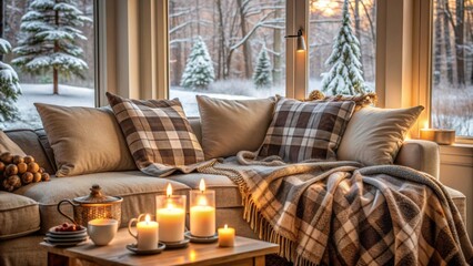 Cozy winter modern living room interior with plaid on couch with candles and white flowers