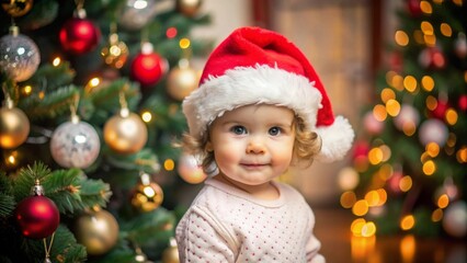 Cute baby wearing christmas hat with christmas tree on the background
