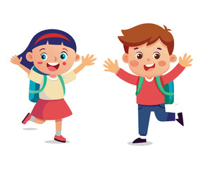 asian children with the backpack saying goodbye to schoolmates Cartoon characters Boy and Girl school kids going to school isolated on white background vector illustration