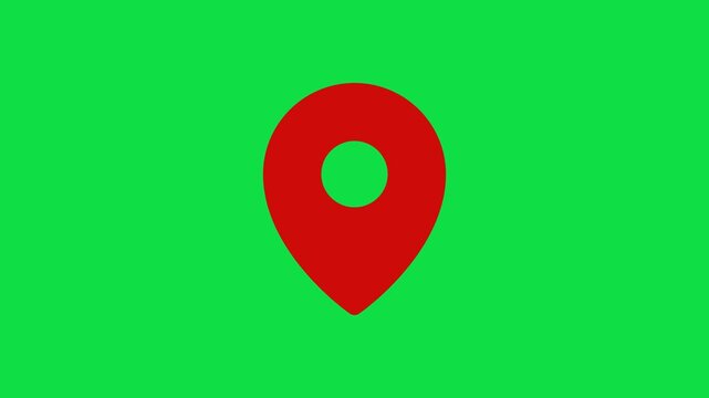 Animation of red map pointer pin marker location bouncing on chroma key green screen alpha channel background