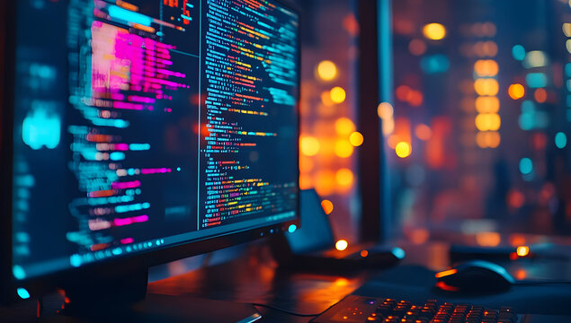 A computer screen displaying colorful code, illuminated by city lights at night, showcasing modern programming and technology.