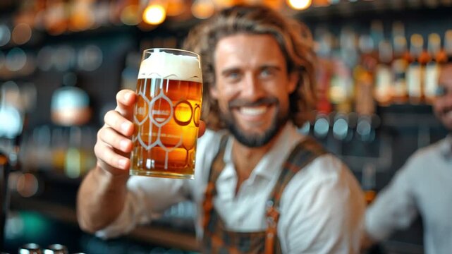 Caucasian barman standing in a pub, pouring drinks