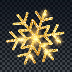 Gold glittering snowflake isolated on transparent background. Vector illustration.