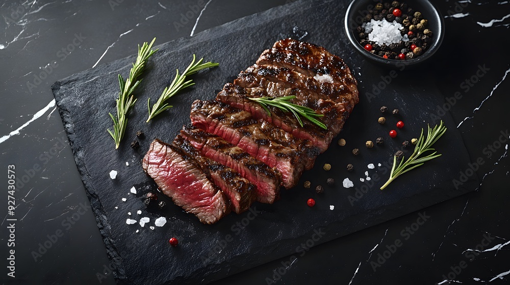 Wall mural Perfectly grilled steak sliced on black marble countertop, medium-rare beef, rosemary garnish, peppercorns, coarse salt, slate serving plate, professional food photography.