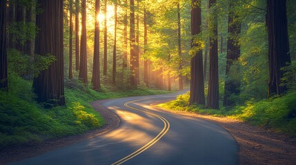 Fototapeta premium Redwood forest, winding road, sunlit forest, towering trees, lush green foliage, dappled sunlight, vibrant colors, golden hour, atmospheric lighting, curved highway, majestic nature.