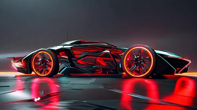 Futuristic Supercar: A sleek, black and red supercar with glowing wheels and futuristic design, parked on a dark futuristic surface. This image evokes speed, power, and cutting-edge technology.  