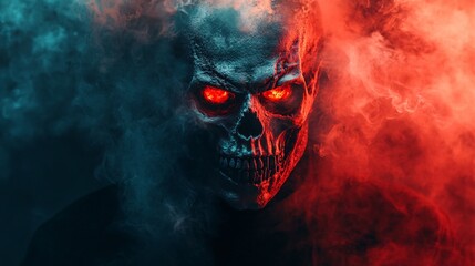 A chilling skull emanates ominous energy within an eerie, smoky backdrop