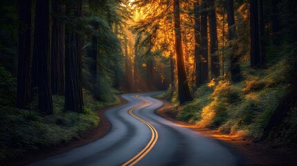 Fototapeta premium Redwood forest, winding road, sunlit forest, towering trees, lush green foliage, dappled sunlight, vibrant colors, golden hour, atmospheric lighting, curved highway, majestic nature.