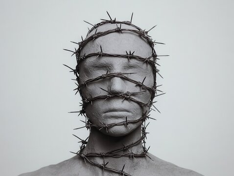 Gray human figure wrapped in barbed wire symbolizing pain and emotional suffering