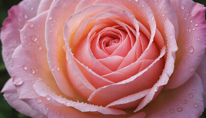 Close-up of a delicate pink rose with dew drops glistening on its petals. Generative AI.