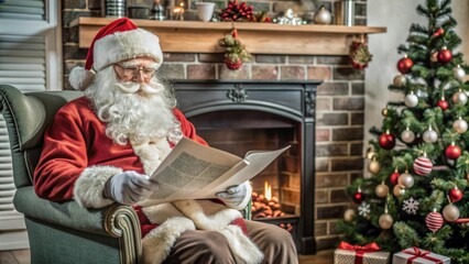 Santa Claus sitting in his chair near fireplace and reading newspaper